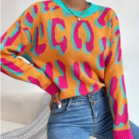 Cider Orange Pink Leopard Print Knit‎ Sweater Animal Print Colorful Neon Jumper - Picture 12 of 13